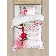 House Decor Duvet Cover Set by Ambesonne, Oriental Cherry Blossom with Butterflies in Circle Frame Ornamental Illustration, 2 Piece Bedding Set with Pillow Sham, Twin / Twin XL, Pi