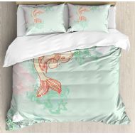 Ambesonne Japanese Duvet Cover Set King Size, Koi Longfin Gurnard Fish Swimming Pale Complex Customized Sea Backdrop Image, Decorative 3 Piece Bedding Set with 2 Pillow Shams, Pale