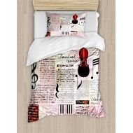 Ambesonne Old Newspaper Duvet Cover Set Twin Size, Classical Music Theme Instruments Piano Violin Notes Symbols Art, Decorative 2 Piece Bedding Set with 1 Pillow Sham, Ruby Pale Pi