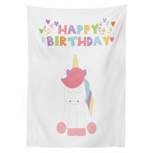  Ambesonne Unicorn Party Outdoor Tablecloth, Happy Birthday Lettering with Simplistic Doodle Fairy Tale Animal, Decorative Washable Picnic Table Cloth, 58 X 120, Multicolor