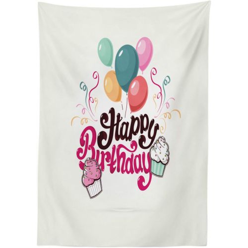  Ambesonne Cupcake Outdoor Tablecloth, Happy Birthday Typography with Balloons Party Kids Joyful Illustration, Decorative Washable Picnic Table Cloth, 58 X 104, Multicolor