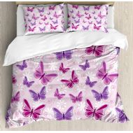 Ambesonne Butterfly Duvet Cover Set, Various Flying Butterflies with Fairy Colors Hippie Style Print Design, Decorative 3 Piece Bedding Set with 2 Pillow Shams, King Size, Purple P