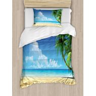 Ambesonne Ocean Duvet Cover Set, Palm Tree Leaves in The Tropical Sand Beach Sea Landscape Graphic Print, Decorative 2 Piece Bedding Set with 1 Pillow Sham, Twin Size, Cream Green