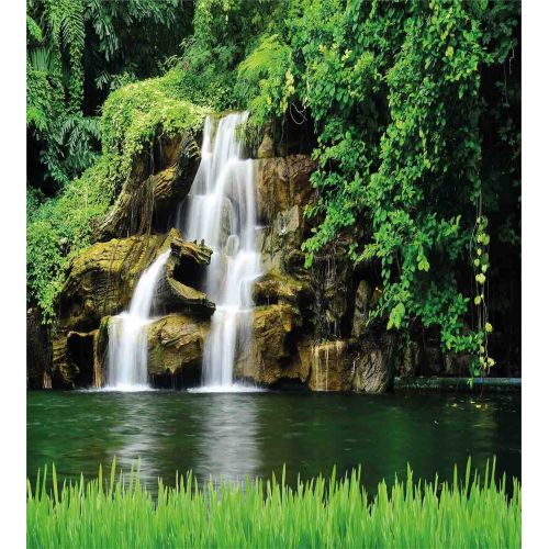  Ambesonne Waterfall Duvet Cover Set, Double Waterfalls Flow to Natural Green Lake with Bushes and Grass Like Garden Print, Decorative 2 Piece Bedding Set with 1 Pillow Sham, Twin S