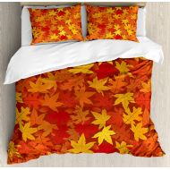 Ambesonne Orange Duvet Cover Set, Colorful Autumn Fall Season Maple Leaves in Unusual Designs Nature Print, Decorative 3 Piece Bedding Set with 2 Pillow Shams, Queen Size, Burnt Or