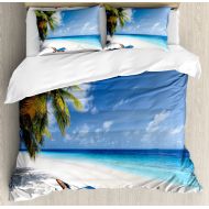 Ambesonne Seaside Duvet Cover Set Queen Size, Tropical Beach Chair Sand Palm Trees Sunny Summer Exotic Travel Theme, Decorative 3 Piece Bedding Set with 2 Pillow Shams, Blue Green