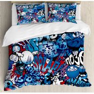 Ambesonne Modern Duvet Cover Set, Teenager Style Image Street Wall Graffiti Graphic Colorful Design Artwork Print, Decorative 3 Piece Bedding Set with 2 Pillow Shams, Queen Size, P