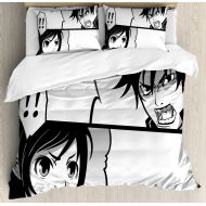 Ambesonne Anime Duvet Cover Set Queen Size, Japanese Comics Strip with Boy and Girl Fight Scene Manga Image Cartoon Print, Decorative 3 Piece Bedding Set with 2 Pillow Shams, White