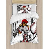 Ambesonne Teen Room Duvet Cover Set Twin Size, Baseball Cartoon Style Player Hitting The Ball Boys Kids Caricature Print, Decorative 2 Piece Bedding Set with 1 Pillow Sham, White G