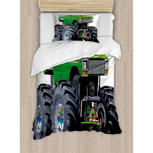  Ambesonne Cars Duvet Cover Set, Giant Monster Pickup Truck with Large Tires and Suspension Extreme Biggest Wheel Print, Decorative 2 Piece Bedding Set with 1 Pillow Sham, Twin Size