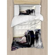 Ambesonne Cars Duvet Cover Set Twin Size, Dragster Racing Down The Track with Burnout Competition Speed Sports Technology, Decorative 2 Piece Bedding Set with 1 Pillow Sham, Beige