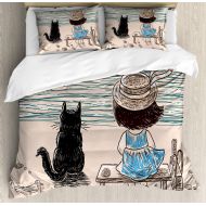 Ambesonne Animals Duvet Cover Set Queen Size, Little Girl with Panama Hat Sitting on a Bench with Fluffy Cat by The Seaside, Decorative 3 Piece Bedding Set with 2 Pillow Shams, Tan