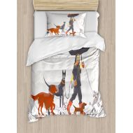 Ambesonne Dog Duvet Cover Set Twin Size, Young Modern Girl Taking Pack of Dog for a Walk in The Rain Fun Joyful Times Artsy Print, Decorative 2 Piece Bedding Set with 1 Pillow Sham