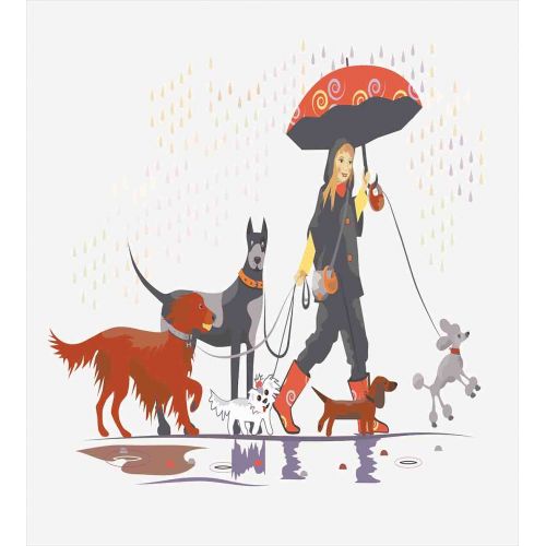  Ambesonne Dog Duvet Cover Set Twin Size, Young Modern Girl Taking Pack of Dog for a Walk in The Rain Fun Joyful Times Artsy Print, Decorative 2 Piece Bedding Set with 1 Pillow Sham