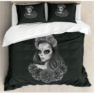 Ambesonne Day of The Dead Duvet Cover Set Queen Size, Gothic Young Girl in Calavera Make up Hairstyle with Roses, Decorative 3 Piece Bedding Set with 2 Pillow Shams, Charcoal Grey