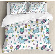 Ambesonne Unicorn Cat Duvet Cover Set Queen Size, Girls Pattern with Hearts Stars Flowers Ice Cream Cute Funny, Decorative 3 Piece Bedding Set with 2 Pillow Shams, Light Blue Laven