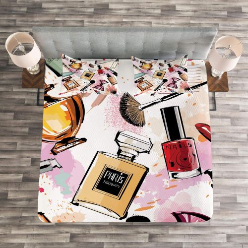  Ambesonne Fashion Bedspread, Cosmetic and Makeup Theme Pattern with Perfume Lipstick Nail Polish Brush Modern, Decorative Quilted 3 Piece Coverlet Set with 2 Pillow Shams, Queen Si