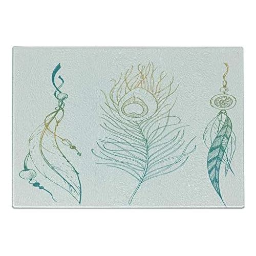  Ambesonne Peacock Cutting Board, Aesthetic First Nations Feather and Peacock Tail Traditional Design Print, Decorative Tempered Glass Cutting and Serving Board, Large Size, Mint Ye