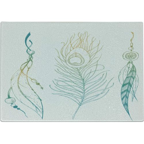  Ambesonne Peacock Cutting Board, Aesthetic First Nations Feather and Peacock Tail Traditional Design Print, Decorative Tempered Glass Cutting and Serving Board, Large Size, Mint Ye