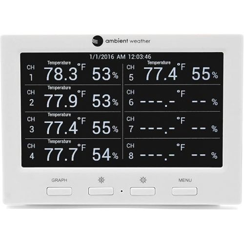  Ambient Weather WS-3000-X8 Thermo-Hygrometer Wireless Monitor w/ 8 Remote Sensors - Logging, Graphing, Alarming, Radio Controlled Clock