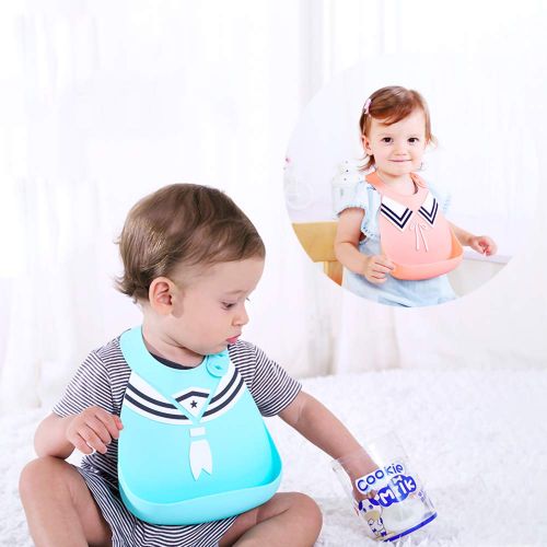  Amboch Silicone Feeding Bib for Infants and Toddlers Set of 2 - Waterproof Adjustable Snaps Baby Bibs for...