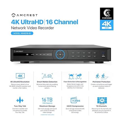  Amcrest 4K NV4216-EI 16CH AI NVR, Smart NVR, Facial Recognition, Face Detection & Vehicle & Human Intruder Detection - Supports 2 x 16TB Hard Drive's (Not Included) (No PoE Ports Included)