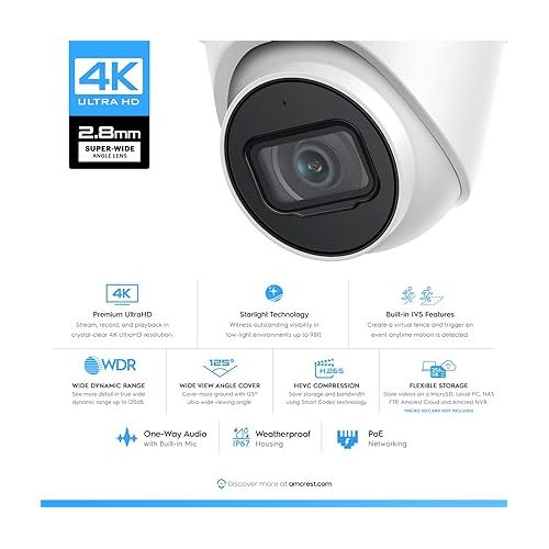  Amcrest UltraHD 4K (8MP) Outdoor Security IP Turret PoE Camera, 3840x2160, 98ft NightVision, 2.8mm Lens, IP67 Weatherproof, MicroSD Recording (256GB), White