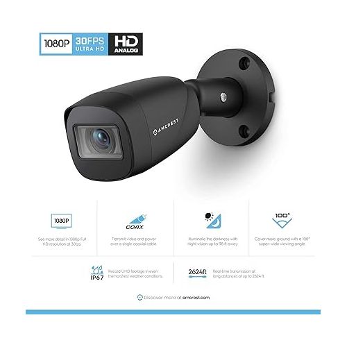  Amcrest Full HD 1080P 1920TVL Bullet Outdoor Security Camera (Quadbrid 4in1 HD-CVI/TVI/AHD/Analog), 2MP 1920x1080, 98ft Night Vision, Metal Housing, 3.6mm Lens 90° Viewing Angle, Black (AMC1081BC36-B)