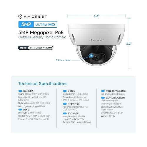  Amcrest 5MP POE Camera, Outdoor Vandal Dome Security POE IP Camera, 5-Megapixel, 98ft NightVision, 2.8mm Lens, IP67, IK10 Resistance, MicroSD 256GB (Sold Separately), Cloud, NVR (IP5M-D1188EW-28MM)