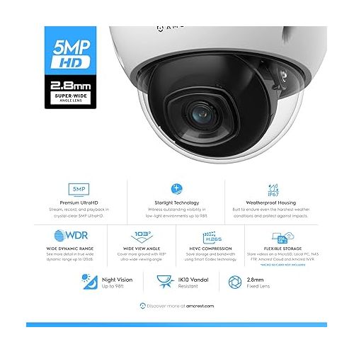  Amcrest 5MP POE Camera, Outdoor Vandal Dome Security POE IP Camera, 5-Megapixel, 98ft NightVision, 2.8mm Lens, IP67, IK10 Resistance, MicroSD 256GB (Sold Separately), Cloud, NVR (IP5M-D1188EW-28MM)
