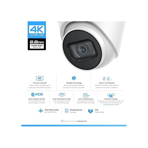  Amcrest 4K POE Security Camera System with 4K 8Ch PoE NVR (4) x 4K (8 Megapixel) Turret IP POE Cameras (3840x2160) Pre Installed 2TB Hard Drive NV4108E-IP8M-T2599EW4-2TB