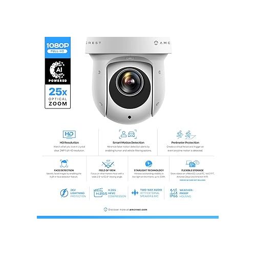  Amcrest 2MP Outdoor PTZ POE + IP Camera Pan Tilt Zoom (Optical 25x Motorized) POE+ Camera Security Speed Dome, CMOS Image Sensor, 328ft Night Vision, POE+ (802.3at) F1.6, IP66, IP2M-863EW-AI-V2