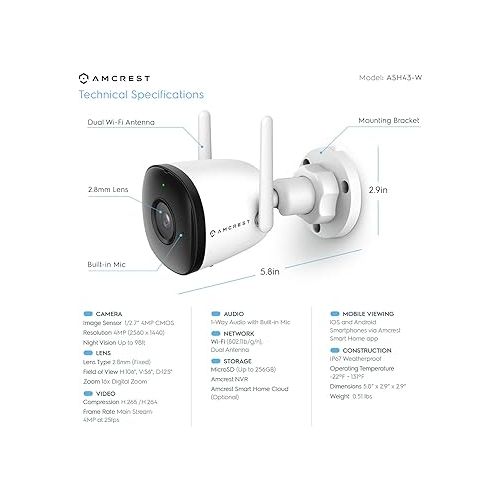  Amcrest SmartHome 4MP Outdoor WiFi Camera Bullet 4MP Outdoor Security Camera, 98ft Night Vision, Built-in Mic, 106° FOV, 2.8mm Lens, MicroSD Storage (Sold Separately), ASH43-W (White)