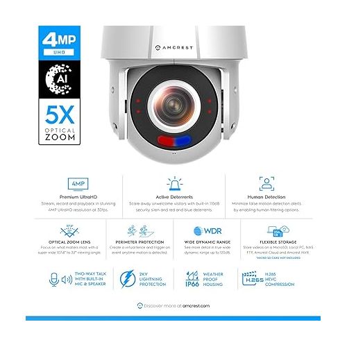  Amcrest 4MP Outdoor PTZ POE AI IP Camera Pan Tilt Zoom Security Speed Dome, 5X Motorized Optical Zoom, Human Detection, 98ft Night Vision, Tripwire & Intrusion, POE (802.3at) IP4M-S2112EW-AI