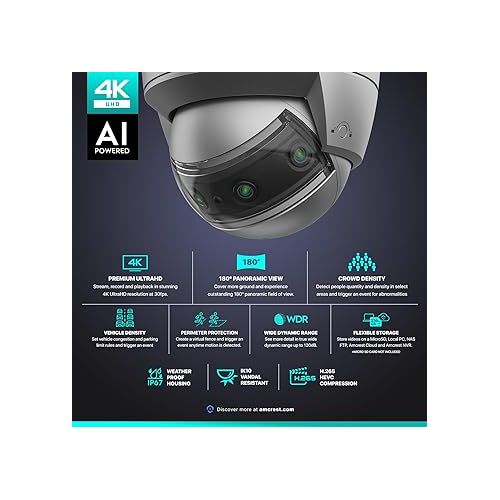  Amcrest Panoramic IP POE Camera, 180° Panoramic 4K POE IP Dome AI Camera, IVS Features, and Crowd & Vehicle Density Mapping, IP8M-MD180E-AI, Camera Only (Mounting Bracket Sold Separately)