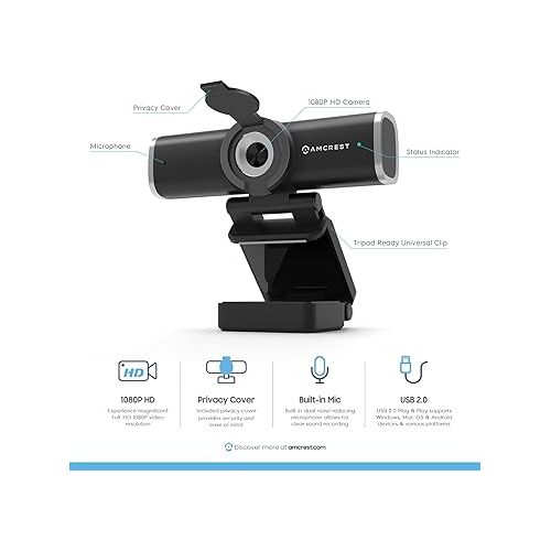  Amcrest 1080P Webcam with Microphone for Desktop, Web Cam Computer Camera, Streaming HD USB Web Camera for Laptop & PC with Privacy Cover, Wide Angle Lens, Superior Low Light (AWC195-B)