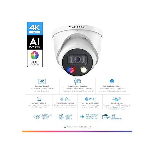  Amcrest UltraHD 4K (8MP) IP POE AI Camera, 4K @30fps, 98ft Night Color Vision F1.0, Security Outdoor Turret Camera, Vehicle & Human Detection, Active Deterrents, Built in Microphone, IP8M-DT3949EW-3AI