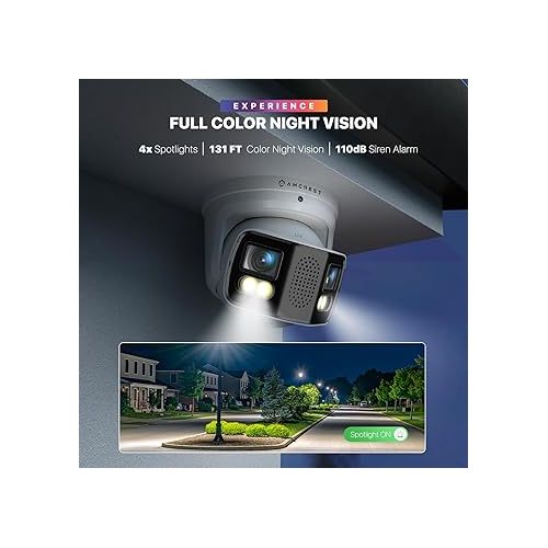  Amcrest Dual-Lens 4K (8MP) Outdoor Security POE Camera, 2 x 4MP Lenses PoE AI Turret IP Camera, 131ft Night Color, Human/Vehicle Detection, Panoramic 180° FOV, 2 x 4MP@25fps IP8M-FCT2999EW-AI (White)