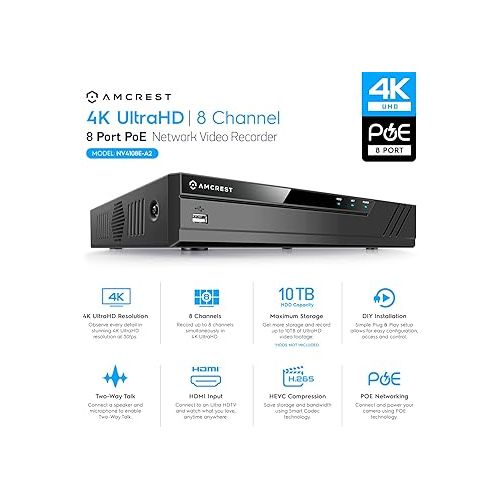  Amcrest NV4108E-A2 4K 8CH POE NVR (1080p/3MP/4MP/5MP/8MP) POE Network Video Recorder - Supports up to 8 x 8MP/4K IP Cameras, 8-Channel Power Over Ethernet Supports up to 10TB HDD (Not Included)