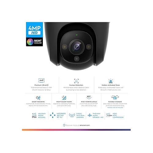  Amcrest 4MP Outdoor PT WiFi IP Camera Pan Zoom (Digital 16x) SmartHome WiFi Camera Security Speed Dome, Motorized Tilt, 98ft Nightcolor, (2.4Ghz), 107º FOV, IP66, 4MP, ASH47-W