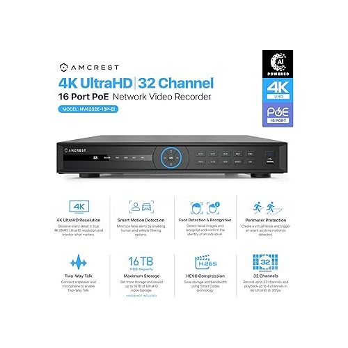  Amcrest 4K 32-Channel AI NVR (16-Port PoE) Smart NVR, Facial Recognition, Facial Detection & Vehicle Detection - Supports 32 x 4K IP Cameras, Supports up to 2 x 16TB HDD (Not Included) NV4232E-16P-EI