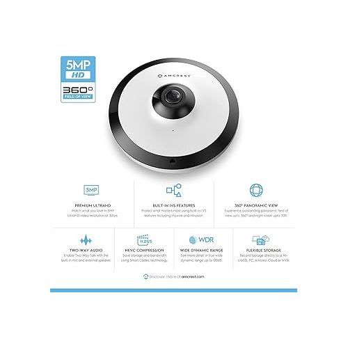  Amcrest Fisheye IP POE Camera, 360° Panoramic 5-Megapixel POE IP Camera, Fish Eye Security Indoor Camera, IVS Features and People Counting, MicroSD Recording, IP5M-F1180EW-V2 (White)