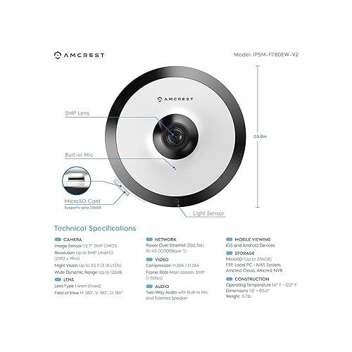  Amcrest Fisheye IP POE Camera, 360° Panoramic 5-Megapixel POE IP Camera, Fish Eye Security Indoor Camera, IVS Features and People Counting, MicroSD Recording, IP5M-F1180EW-V2 (White)