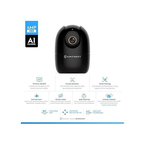  Amcrest 4MP WiFi Camera Indoor, Dog Camera, Sound & Baby Monitor, Human & Pet Detection, Motion-Tracking, w/ 2-Way Audio, Pan/Tilt Wireless IP Camera, Night Vision, Smart Home ASH41-B