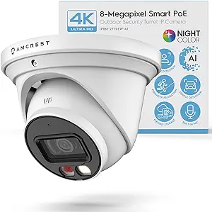 Amcrest UltraHD 4K (8MP) IP PoE AI Camera, 49ft Nightcolor, Security Outdoor Turret Camera, Built-in Microphone, Human Detection, Active Deterrent, 129° FOV, 4K@15fps IP8M-2779EW-AI (White)