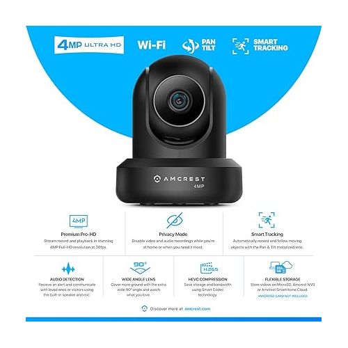  Amcrest 4MP ProHD Indoor WiFi , Security IP Camera with Pan/Tilt, Two-Way Audio, Night Vision, Remote Viewing, 4-Megapixel @30FPS, Wide 90° FOV, IP4M-1041B (Black)