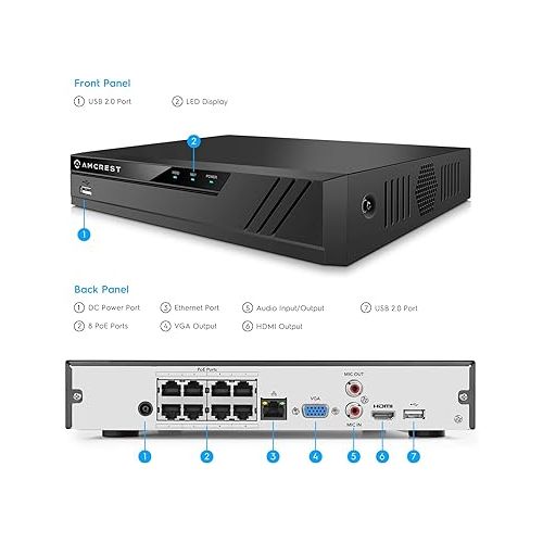  Amcrest 4K 16CH 8 Port PoE NVR (1080p/3MP/4MP/5MP/8MP) Network Video Recorder, 16CH (8-Port PoE) NVR - Supports up to 16 x 8-Megapixel IP Cameras, Supports up to 10TB Hard Drive NV4116E-A2