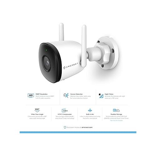  Amcrest 1080P WiFi Camera Outdoor, Smart Home 2MP Bullet IP Security Camera Outdoor Wireless, 98ft Nightvision, Built-in Mic, 102° FOV, 256GB MicroSD Storage (Sold Separately), ASH22-W (Wired Power)