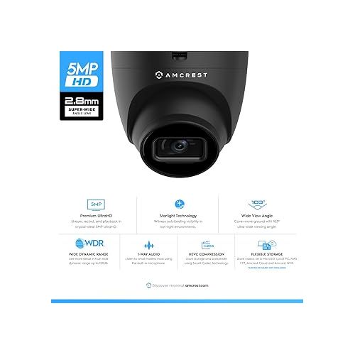  Amcrest 5MP Turret POE Camera, UltraHD Outdoor IP Camera POE with Mic/Audio, 5-Megapixel Security Surveillance Cameras, 98ft NightVision, 103° FOV, IP67, MicroSD (256GB) Black IP5M-T1179EB-28MM
