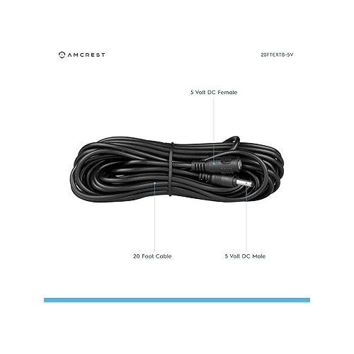  Amcrest Extension Cable IPM-721B/W/S, IP2M-841B/W/S, IP2M-841EB/W, IP3M-941B/W, IPM-721ES, IPM-HX1B/W & IP3M-HX2B/W. Power AC Adapter 20FT Black (20FTEXTB-5V)